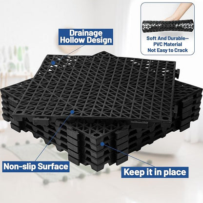 12Pcs Drainage Interlocking Floor Tiles 11.8" x 11.8", Modular Interlocking Cushion Soft PVC Floor Non-Slip Splicing Waterproof Mat for Drain, Pool, Shower, Patio, Balcony, Bathroom, Kitchen, Yard