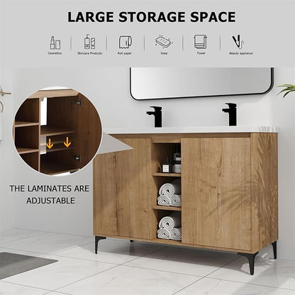 SSLine 48-Inch Bathroom Vanity with Double Sink Classic Floor Stand Bathroom Vanity with White Top Basin Double Sink Wood Bathroom Cabinet with Soft-Close Doors & Open Cubes (Imitative Oak)