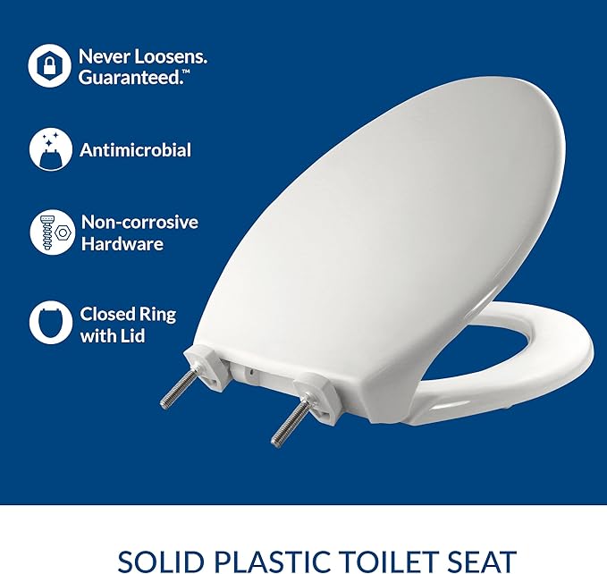 BEMIS 7800TDG Commercial Closed Front Plastic Toilet Seat, Heavy Duty Industrial Seat with Lid, Secure Installation for Long Lasting Hospitality Use, Elongated, White
