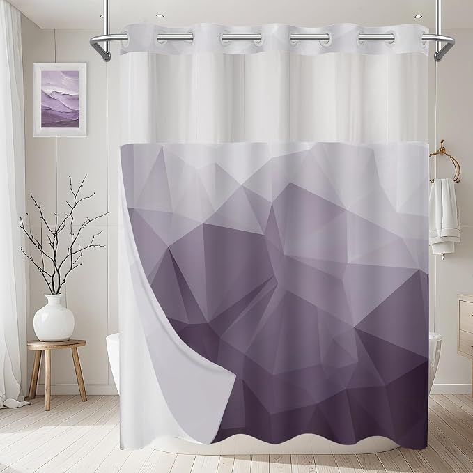 No Hook Shower Curtain with Snap in Liner Set, Purple, 71x86 | Waterproof Fabric for Bathroom, Modern Hotel Style Ombre Design, Mesh Top Window, Machine Washable, Quick Install