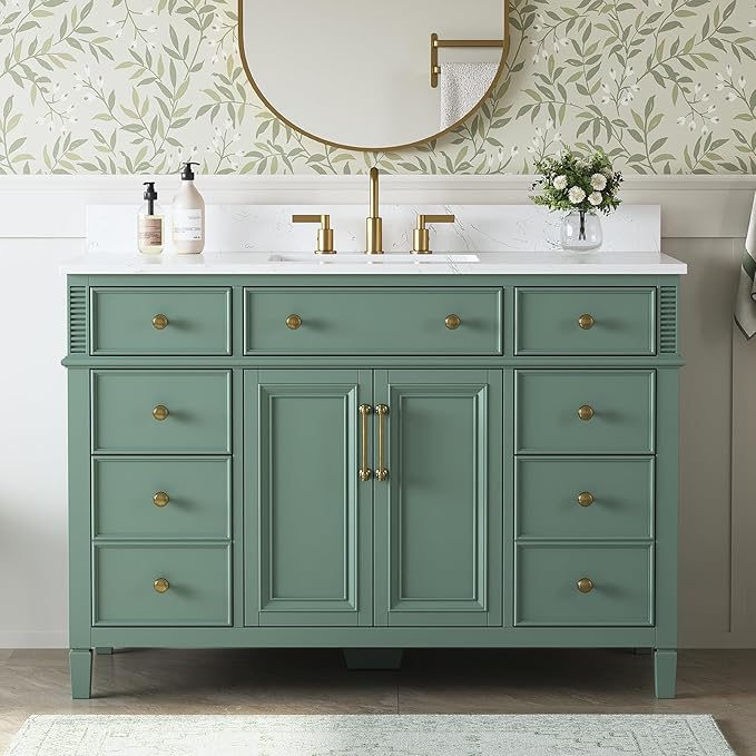 48" Bathroom Vanity with Sink, Sea Green Painted Vanity with Countertop & Backsplash, Stone top and Soft-Closing Drawers, Solid Wood Frame, No Assembly Required