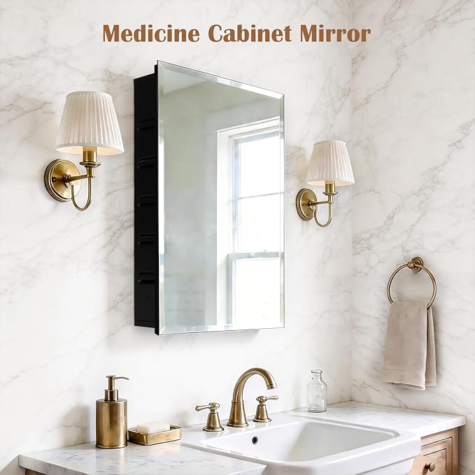 16x26'' Bathroom Medicine Cabinet Mirror with Storage, Surface Mount or Recessed Medicine Cabinet with 4-Tiered Adjustable Tempered Glass Shelves