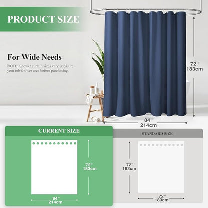 Extra Wide Waffle Shower Curtain 256 GSM Fabric 84x72 Navy Blue | 84 Inch Wide, Thick Cloth, Weighted Hem, Water Repellent, Hotel Luxury Polyester Shower Curtain Set for Bathroom 14 Hooks