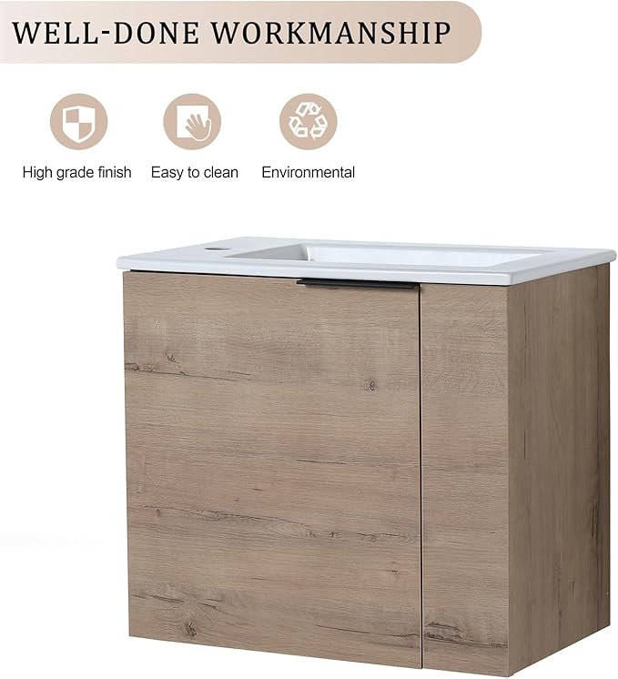 Henf Wall Mount 22 Inch Bathroom Vanity W/Sink Combo for Small Space, Modern Design Vanity Cabinet Gel Basin Countertop, Float Mounting Design Cabinet Set with Soft Close Doors, Oak (Without Faucet)
