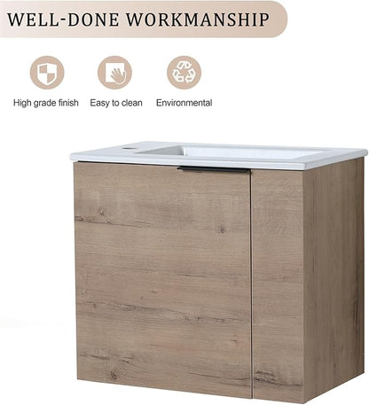 Henf Wall Mount 22 Inch Bathroom Vanity W/Sink Combo for Small Space, Modern Design Vanity Cabinet Gel Basin Countertop, Float Mounting Design Cabinet Set with Soft Close Doors, Oak (Without Faucet)