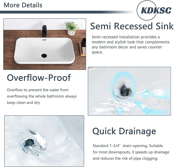 Bathroom Vessel Sink 27.3" X 15.5" Semi Recessed Bathroom Sink Rectangular Drop In Bathroom Sinks with Overflow White Ceramic Vessel Sinks for Bathroom Modern Above Counter Basin Vanity Sink