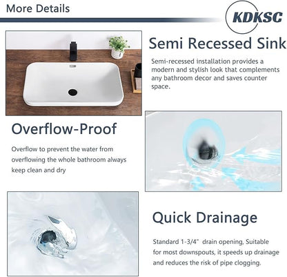Bathroom Vessel Sink 27.3" X 15.5" Semi Recessed Bathroom Sink Rectangular Drop In Bathroom Sinks with Overflow White Ceramic Vessel Sinks for Bathroom Modern Above Counter Basin Vanity Sink