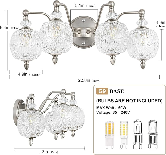 4-Light Brushed Nickel Bathroom Vanity Light, Modern Brushed Nickel Finish Wall Sconce with Globe Glass Shades, Modern Mirror Light for Bathroom, Powder Room