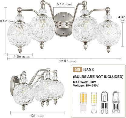 4-Light Brushed Nickel Bathroom Vanity Light, Modern Brushed Nickel Finish Wall Sconce with Globe Glass Shades, Modern Mirror Light for Bathroom, Powder Room