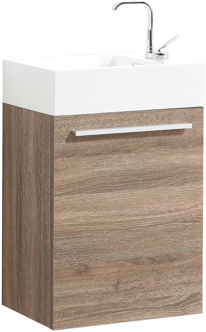 Blossom 18-Inch Floating Bathroom Vanity with Acrylic Sink, All-Wood Construction, Space-Saving Wall Mounted Vanity Cabinet for Compact Bathrooms, Modern Design Bathroom Sink Cabinet, Cart Oak