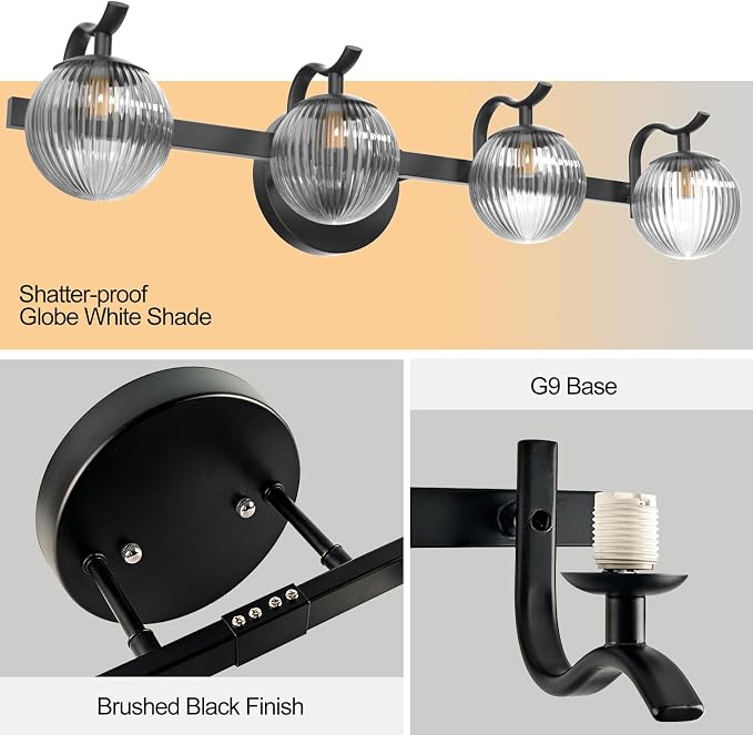 Lightdot Upgrade 4 Light Bathroom Vanity Light, 26" Modern Black Vanity Lights with Waterproof Crystal Ribbed Lampshade, Rust-Proof Bathroom Light Fixtures Over Mirror for Kitchen Hallway Cabinet
