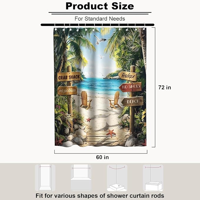 Luxury Summer Beach Shower Curtain Modern Coastal Tropical Palm Tree Pretty | Unique Shower Curtains for Bathroom, Waterproof Bath Curtain with Hooks Machine Washable Bathtub Curtains 60x72 Inch Geeen