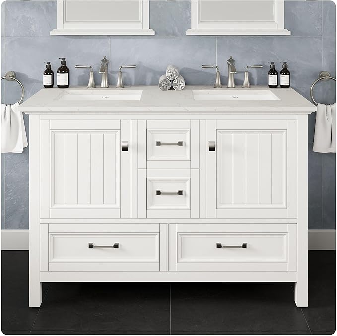 Eviva Britney 48 in. White Double Sink Bath Vanity with Carrara Quartz Top and Undermount Porcelain Sinks