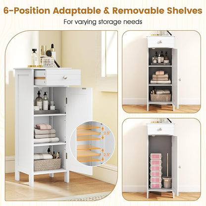 Giantex 34.5" Bathroom Cabinet with Drawer & Single Door (White) | Narrow Side Storage Organizer with 6 Shelf Positions, Freestanding Floor Storage Cabinet for Bathroom, Living Room, Entryway