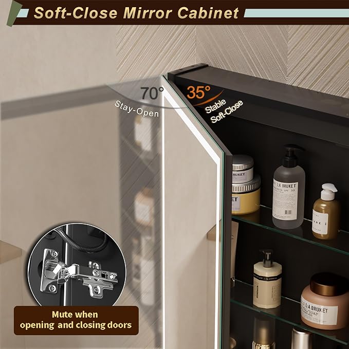 20 * 28 Left Hinge LED Bathroom Mirror Cabinet, Aluminum Medicine Cabinet | Light Adjustable, Sockets & USBs inside, Anti-Fog, Easy to Install