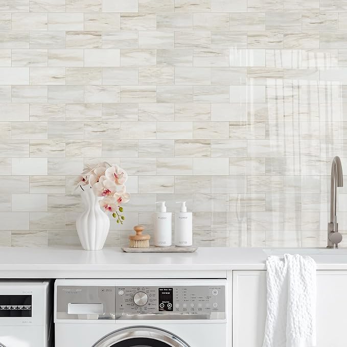 Vamos Tile 100-Piece Glossy Wooden Marble Grain Peel and Stick Backsplash Tile,3''x6'' PVC Subway Tile with White Grout, Stick on Backsplash for Kitchen/Bathroom/Fireplace