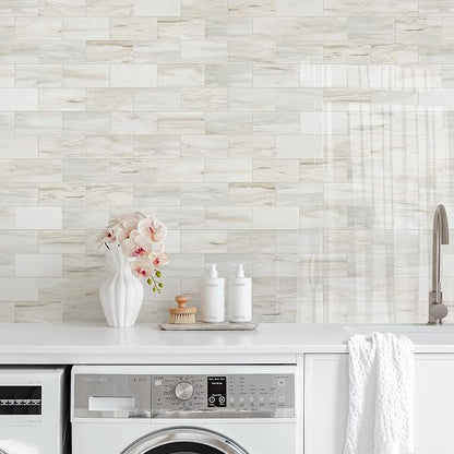 Vamos Tile 100-Piece Glossy Wooden Marble Grain Peel and Stick Backsplash Tile,3''x6'' PVC Subway Tile with White Grout, Stick on Backsplash for Kitchen/Bathroom/Fireplace