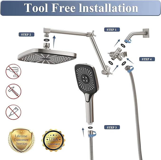 Rain Shower Head with Handheld Spray Combo, 12 Inch Rainfall Shower Heads with Adjustable Extention Arm, High Pressure Showerhead with 3-Way Diverter - Height/Angle Adjustable(Brushed Nickel)