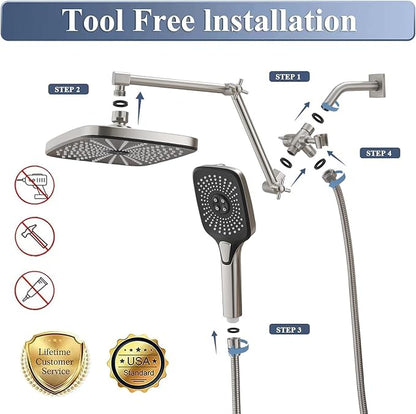 Rain Shower Head with Handheld Spray Combo, 12 Inch Rainfall Shower Heads with Adjustable Extention Arm, High Pressure Showerhead with 3-Way Diverter - Height/Angle Adjustable(Brushed Nickel)