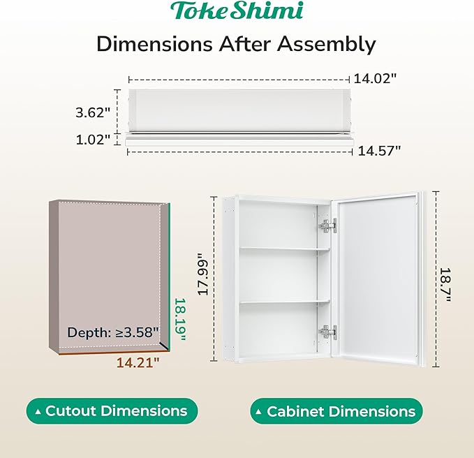14 x 18 White Recessed Medicine Cabinet with Mirror, Assembly Required, Medicine Cabinet for Bathroom, Stepless Adjustable Shelves, Beveled Aluminum Frame, DTC Hinge