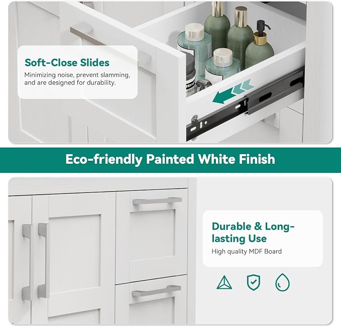YOURLITE 36" Bathroom Vanity with Sink Combo,White Bathroom Vanity and Sink Combo with Faucet & Pop Up Drain Set,Traditional Vanity with White Ceramic Sink Bathroom Sink