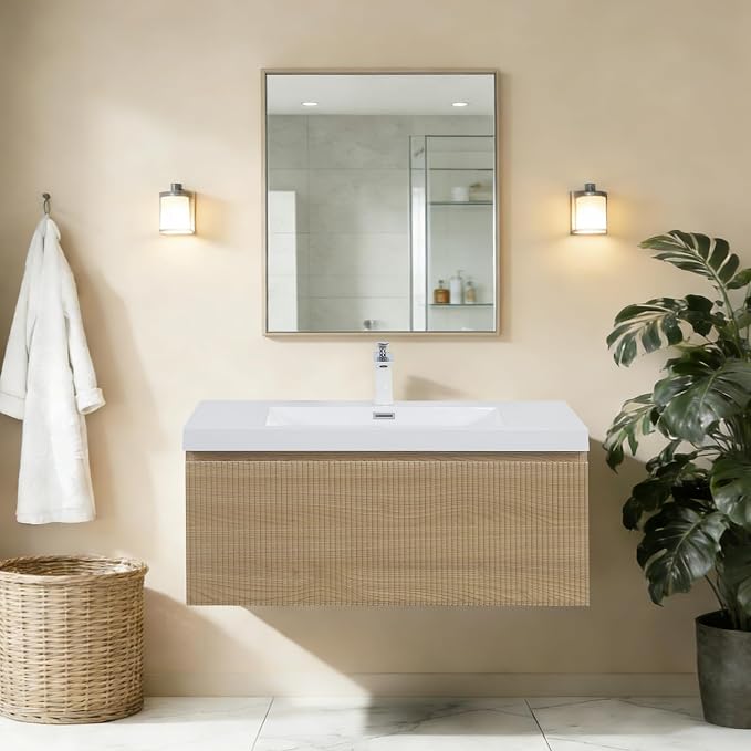 36 Inch Floating Bathroom Vanity with Sink,Natural Oak | Storage Cabinet Wall Mounted Striped Cabinet, Glossy White Solid Surface Basin, Soft Close Drawers, Fully Assembled