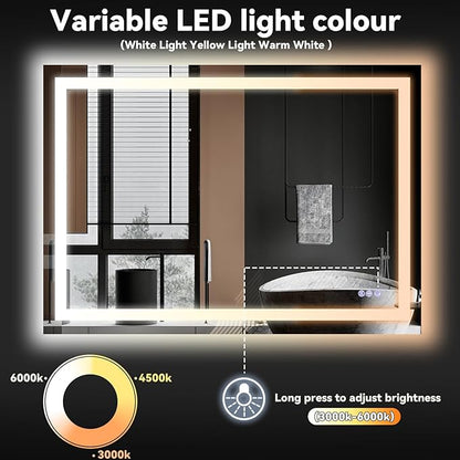 VooBang LED Wall Mounted Mirror with Lights, 24x32 inches Bathroom Mirror, Button to Adjust Lights, Three Lighting Modes, Tempered Glass with Anti-Fog Function, Suitable for Vanity and Bedroom, White