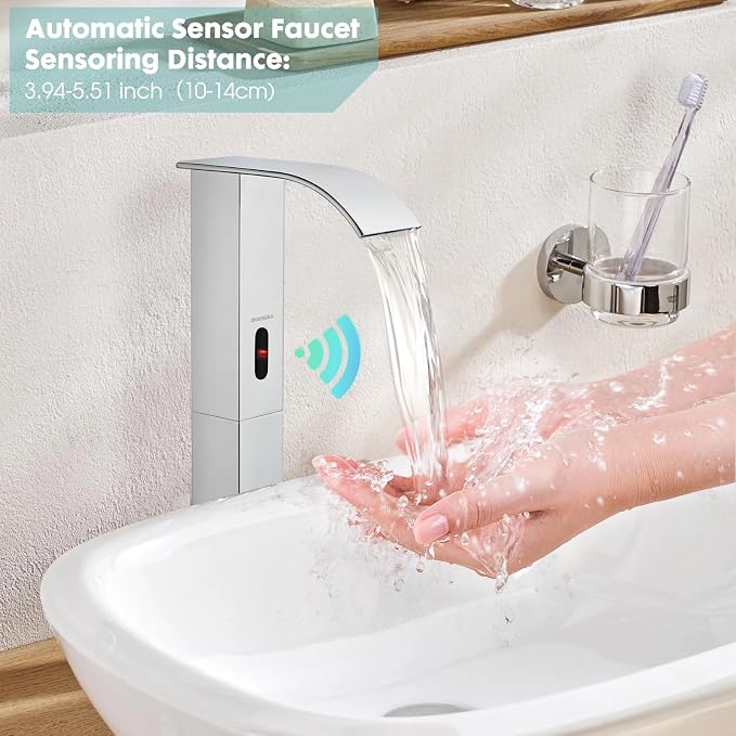 Touchless Bathroom Sink Faucets for 1 Hole, Hands-Free Automatic Motion Sensor Faucets with Tall Body,Black Waterfall Sink Faucets for Bathroom (Tall Body, Chrome)