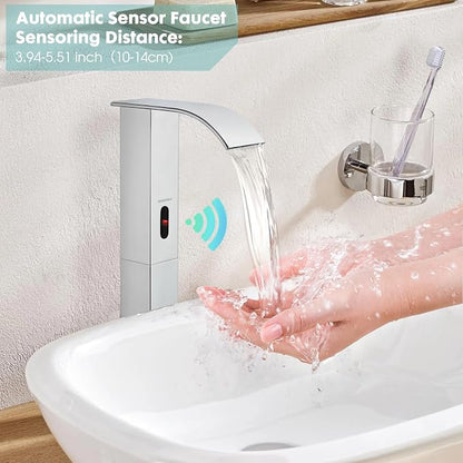 Touchless Bathroom Sink Faucets for 1 Hole, Hands-Free Automatic Motion Sensor Faucets with Tall Body,Black Waterfall Sink Faucets for Bathroom (Tall Body, Chrome)