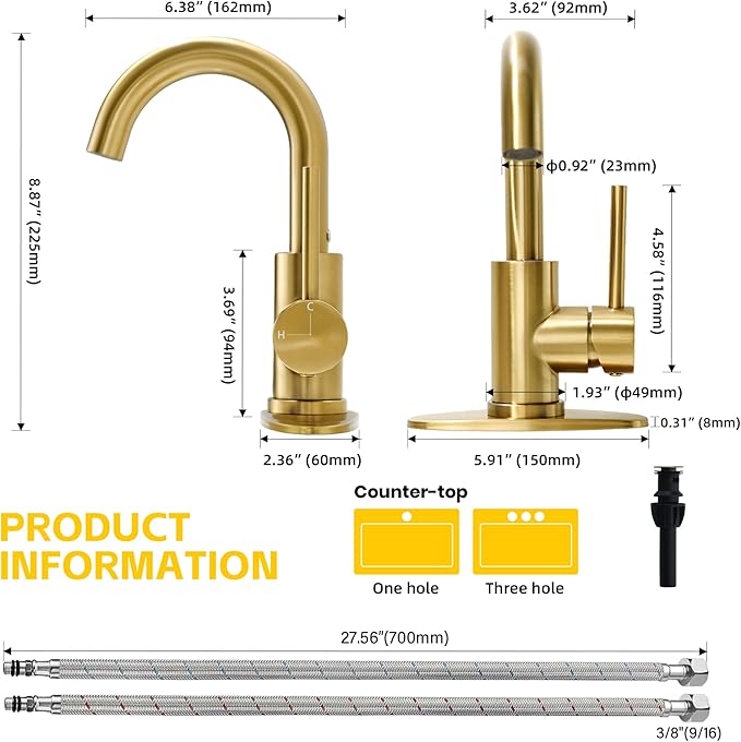 Brushed Gold Bathroom Faucets for Sink 1 Hole or 3 Holes, Single Hole Gold Bathroom Sink Faucet with Pop-Up Drain Mini Size Vanity Faucet Bar Faucet Single Handle Lavatory Faucets
