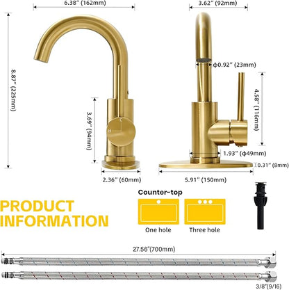 Brushed Gold Bathroom Faucets for Sink 1 Hole or 3 Holes, Single Hole Gold Bathroom Sink Faucet with Pop-Up Drain Mini Size Vanity Faucet Bar Faucet Single Handle Lavatory Faucets