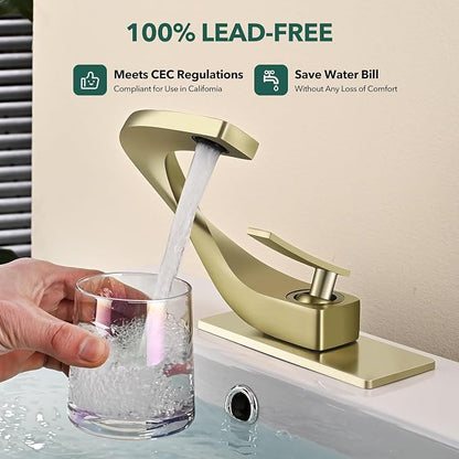 Single Hole Bathroom Sink Faucets,Brass Vainty Faucet Brushed Gold | Lead-Free, Single Handle Faucet for Sink, Vanity, RV, Lavatory, Suitable for 1 or 3 Holes Faucet