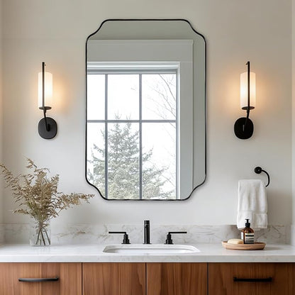 20"x30" Matte Black Mirror, Bathroom Vanity Mirror, Modern Scalloped Mirror in Premium Stainless Steel Thin Frame, Unique Rounded Notched Corners, Compact Size for Small Bathroom Remodel