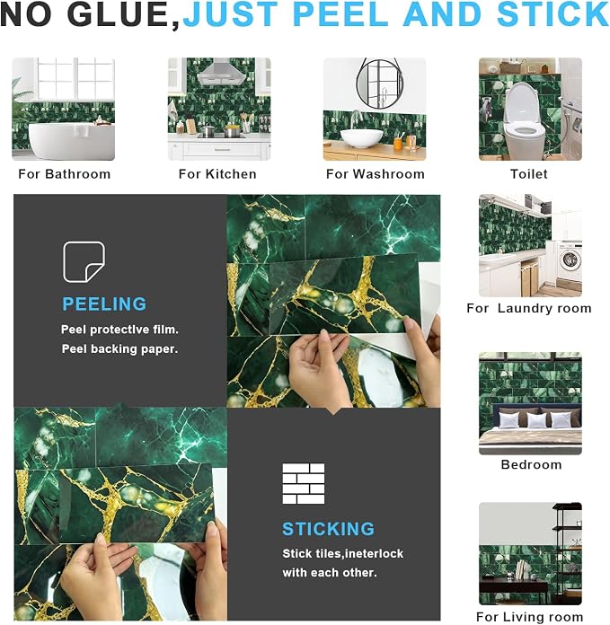 URCOLOR 32-Piece Peel and Stick Backsplash Wall Tile, 4"x 8" PVC Glossy Green Marble Stick on Subway Tiles for Kitchen, Bathroom, Laundry Room, Camper, Fireplace