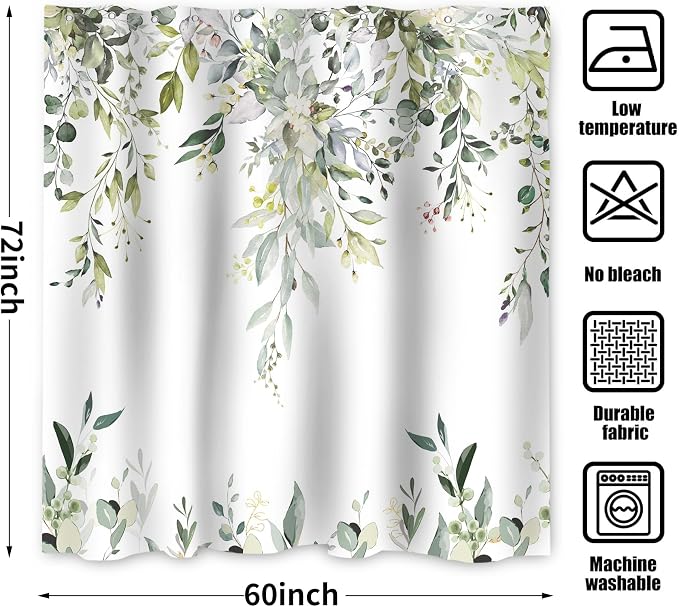 Sage Green Eucalyptus Shower Curtain, Watercolor Leaves Plant Spring Floral Waterproof Fabric Machine Washable with Hooks for Bathroom Bathtub 60Wx72H