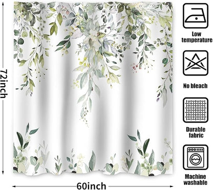 Sage Green Eucalyptus Shower Curtain, Watercolor Leaves Plant Spring Floral Waterproof Fabric Machine Washable with Hooks for Bathroom Bathtub 60Wx72H