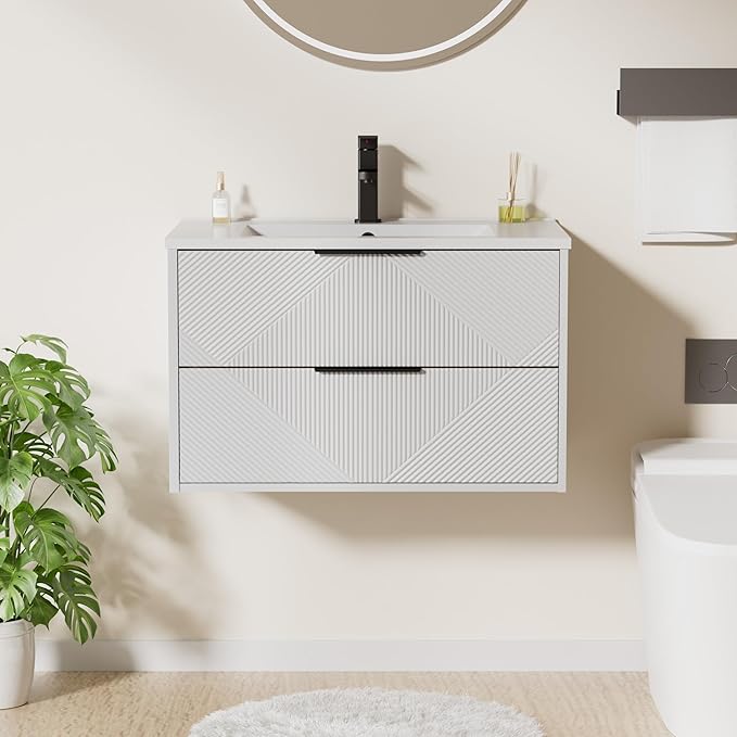 LUCKWIND 30" Floating Bathroom Vanity with Sink Combo, Wall Mounted Floating Cabinet with 2 Large Soft-Close Drawers & Water Saving Faucet, Geometric Textured Design in White