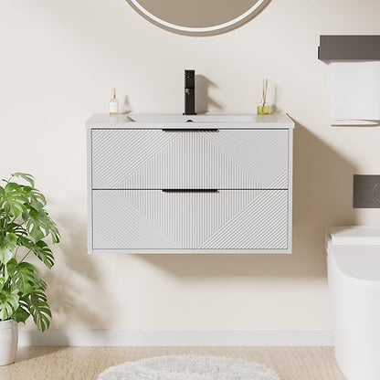 LUCKWIND 30" Floating Bathroom Vanity with Sink Combo, Wall Mounted Floating Cabinet with 2 Large Soft-Close Drawers & Water Saving Faucet, Geometric Textured Design in White