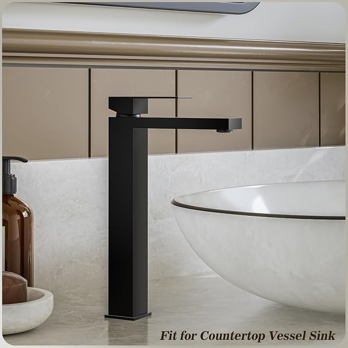 Black Tall Bathroom Faucet Vessel Sink Faucet Single Hole Bathroom Vessel Sink Faucet Single Handle with Water Supply Hose Above countertop Sink and Pop Up Sink Drain,BF3530P-MB-V