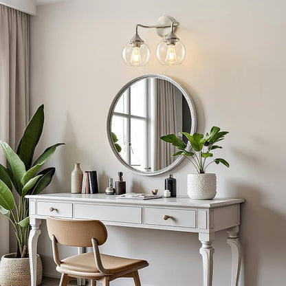 Bathroom Vanity Light with Clear Glass Shade, E26 Base, 2-Light Bathroom Light Fixtures Over Mirror, 14 Inch Vanity Lights for Bathroom (Exclude E26 Bulb) - Brushed Nickel
