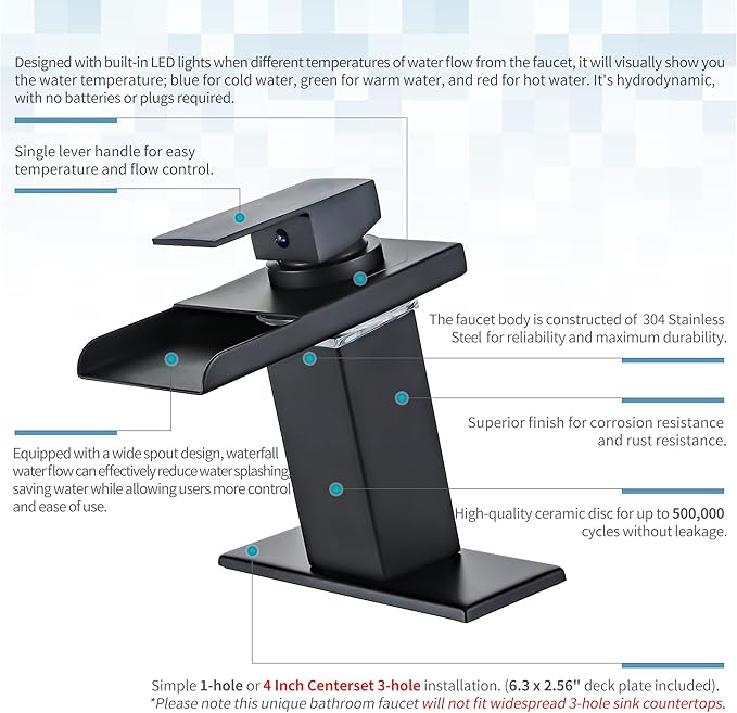 LED Bathroom Sink Faucet - Matte Black Single Hole or 4 Inch Centerset Waterfall Faucet with Stainless Steel Spout and Temperature-Sensitive LED Lights, Includes Deck Plate
