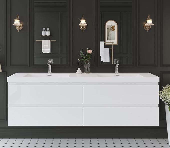 72 Inch Floating Bathroom Vanity with Sink,Glossy White | Storage Cabinet Wall Mounted Cabinet, Double Solid Surface Basin, 4 Soft Close Drawers, Fully Assembled