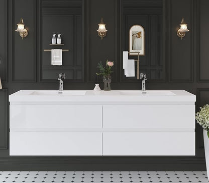 72 Inch Floating Bathroom Vanity with Sink,Glossy White | Storage Cabinet Wall Mounted Cabinet, Double Solid Surface Basin, 4 Soft Close Drawers, Fully Assembled