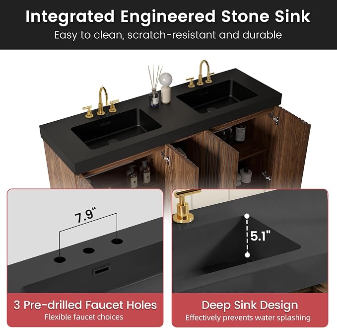 60 Inch Bathroom Vanity with Double Sink, Freestanding Double Sink Bathroom Vanity with Black Engineered Stone Top, Open Storage Cabinet & Adjustable Shelf, Walnut (3 Holes)