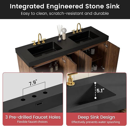 60 Inch Bathroom Vanity with Double Sink, Freestanding Double Sink Bathroom Vanity with Black Engineered Stone Top, Open Storage Cabinet & Adjustable Shelf, Walnut (3 Holes)