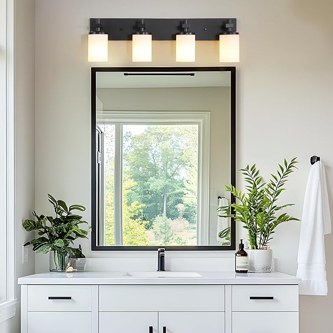 LOUSACE Bathroom Lighting Fixtures Over Mirror 4 Light Bathroom Vanity Lights Matte Black, Wall Vanity Lighting Fixture with Opal White Glass Shades for Vanity Cabinet