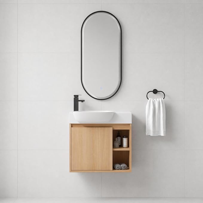 26" Wall Mounted Bathroom Vanity with Sink, Small Vanity, Oak | Integrated Ceramic Sink, Soft-Close Door & 2 Open Storage Shelves, Small Bath Vanity Set, Easy to Clean