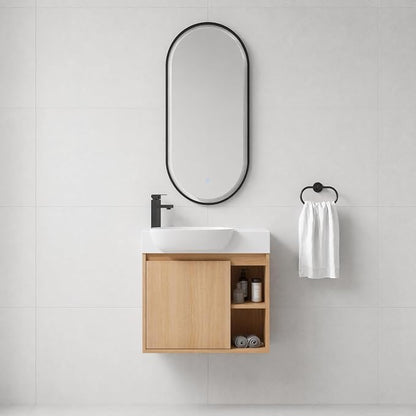 26" Wall Mounted Bathroom Vanity with Sink, Small Vanity, Oak | Integrated Ceramic Sink, Soft-Close Door & 2 Open Storage Shelves, Small Bath Vanity Set, Easy to Clean