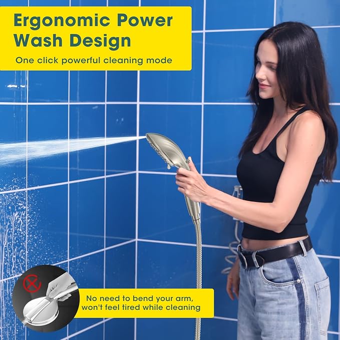 FASDUNT High Pressure Filtered Handheld Shower Head, Brushed Nickel | 80" Long Stainless Steel Hose, Built-in Power Wash, Anti-clog Nozzles, Filter Beads for Hard Water, Remove Chlorine