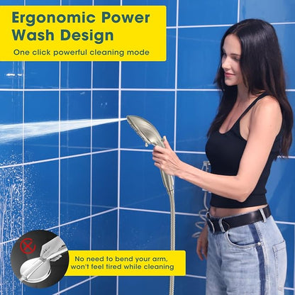 FASDUNT High Pressure Filtered Handheld Shower Head, Brushed Nickel | 80" Long Stainless Steel Hose, Built-in Power Wash, Anti-clog Nozzles, Filter Beads for Hard Water, Remove Chlorine